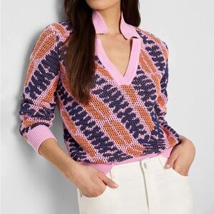NIC+ZOE Sweater Jacquard Mesh Squiggle Collard Knit Sweater Pink Navy Orange M